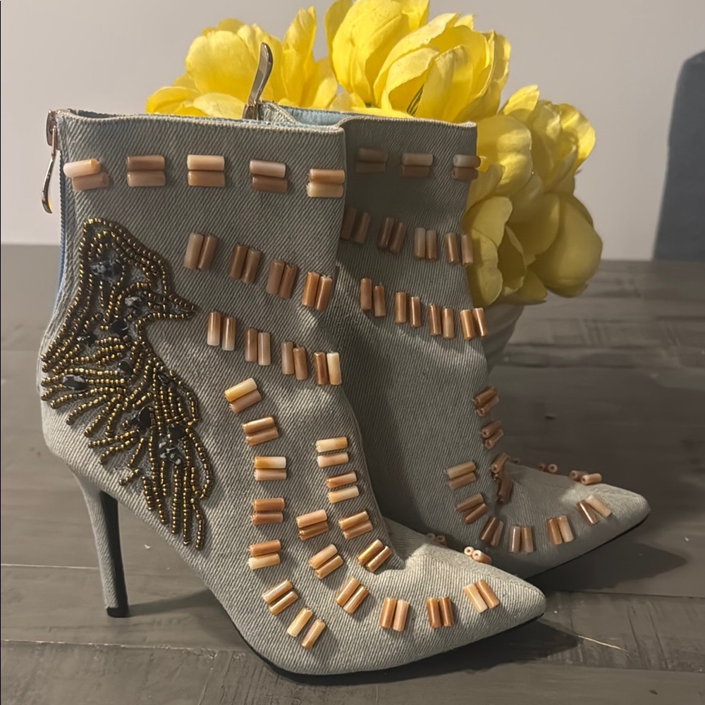 Cape Robbin Gray and Tan Heeled Boots with Metallic Accents